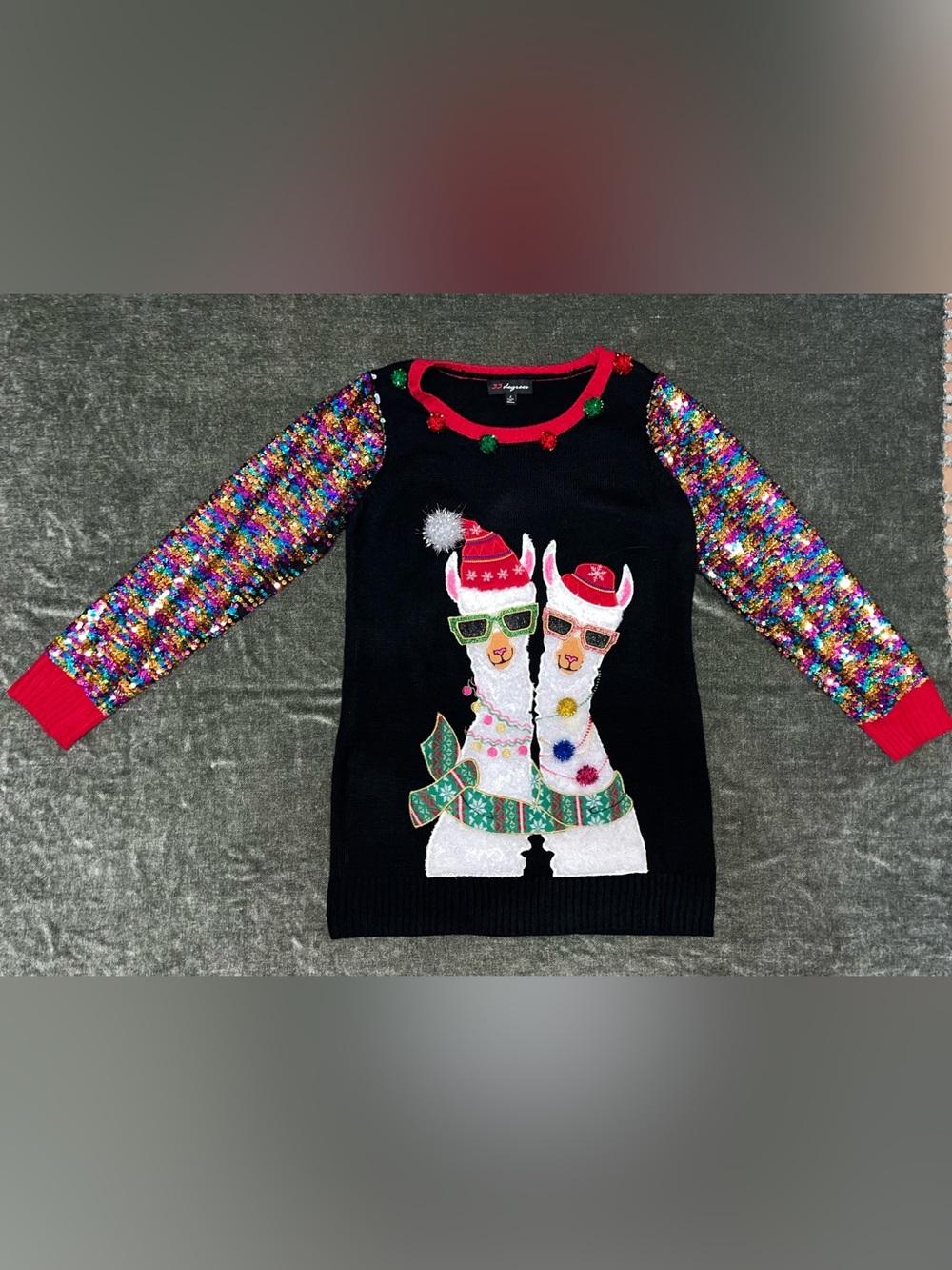 Sequined Twin Llama’s Ugly Christmas Sweater Womens Size L